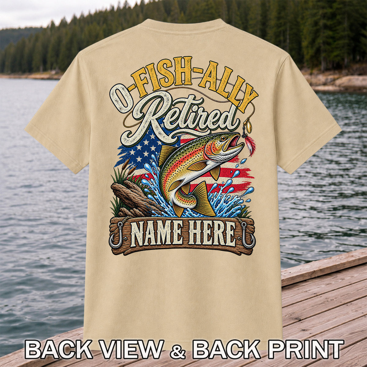 Retired Rainbow Trout American Flag Fishing T-Shirt | Back Print