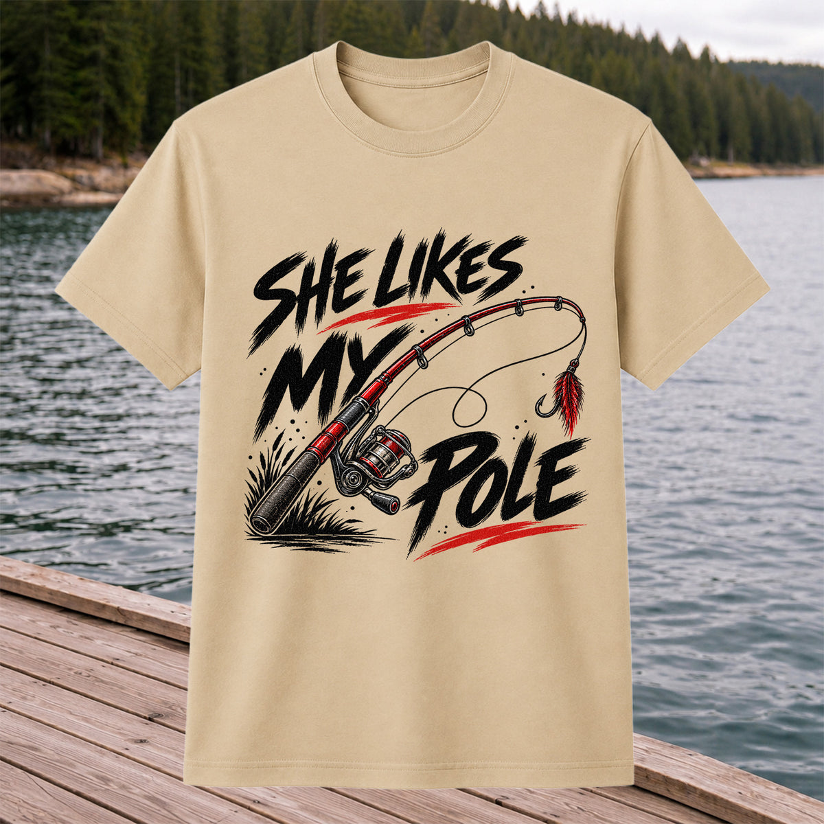 She Likes My Pole Funny Fishing Rod Pun Graphic T-Shirt