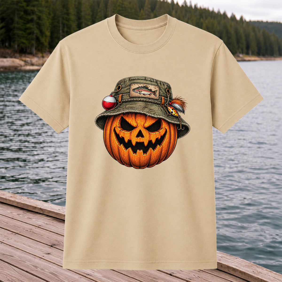 Halloween Pumpkin in a Trout Fishing Hat Graphic T-Shirt