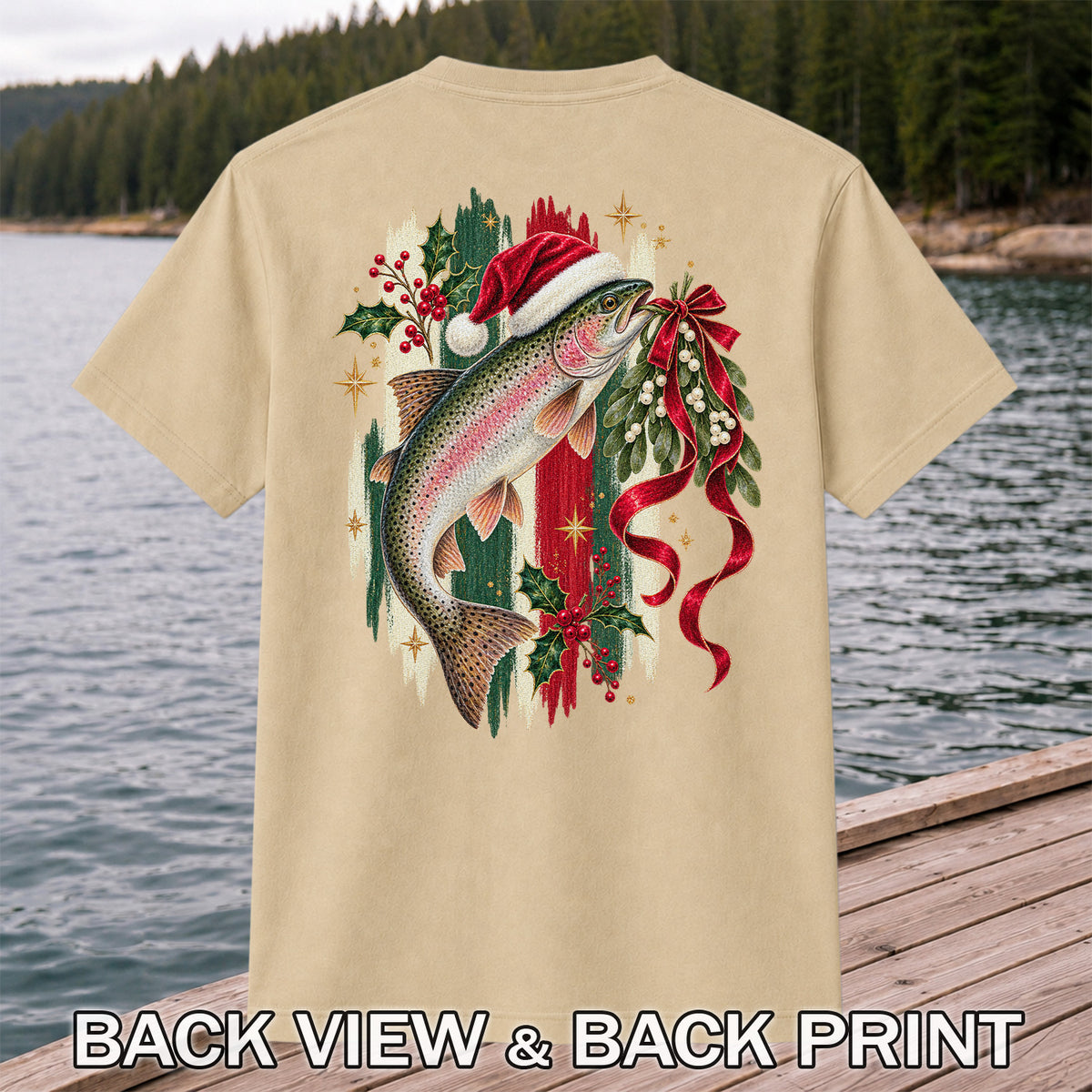 Christmas Santa Hat Rainbow Trout Fishing Graphic T-Shirt | Back Print