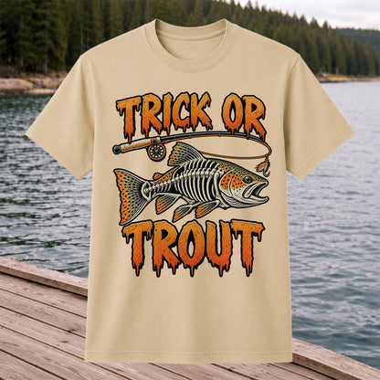 Trick or Trout Skeleton Trout Halloween Fly Fishing T-Shirt