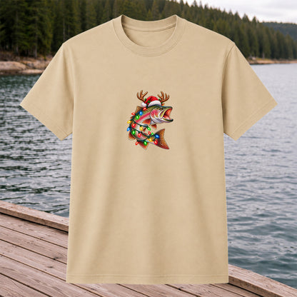Christmas Rainbow Trout with Santa Hat, Antlers and Holiday Lights Fishing T-Shirt