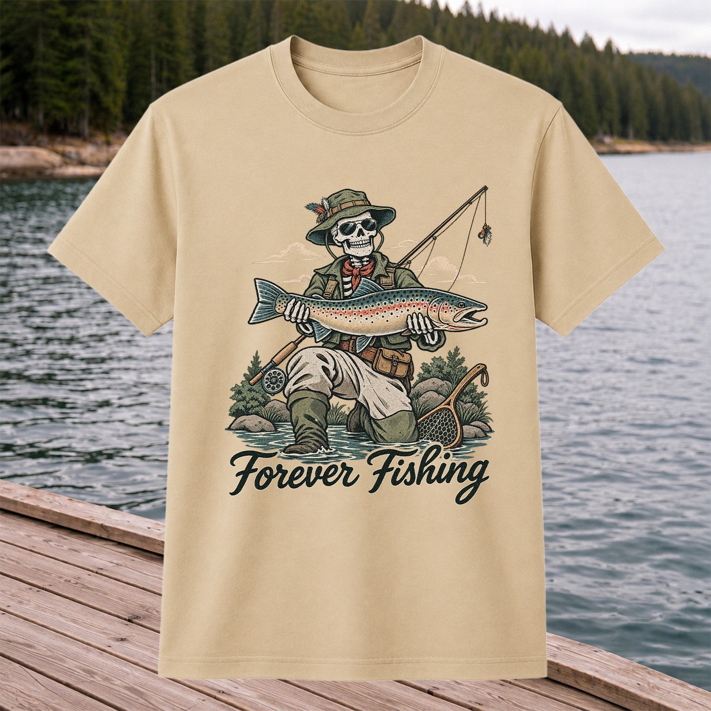 Forever Fishing Skeleton Angler Holding Rainbow Trout Graphic T-Shirt