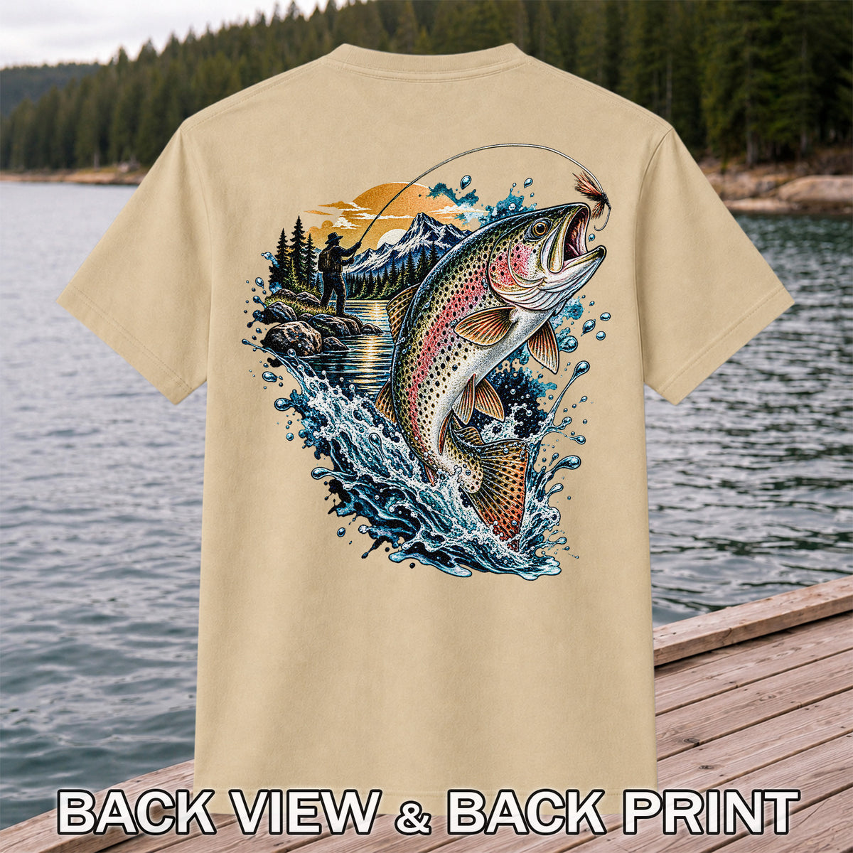 Leaping Rainbow Trout Mountain River Fly Fishing Graphic T-Shirt | Back Print