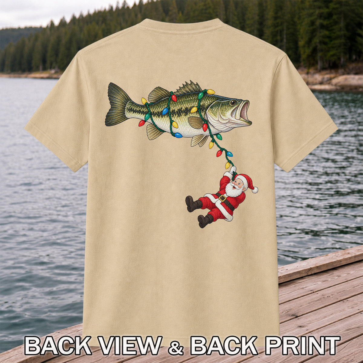 Santa Hanging from Christmas Lights on Bass Fishing Graphic T-Shirt | Back Print