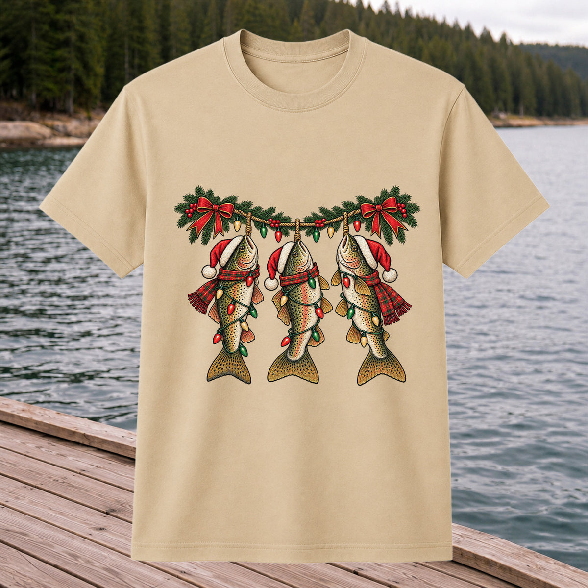 Festive Trout String Lights Christmas Fishing T-Shirt