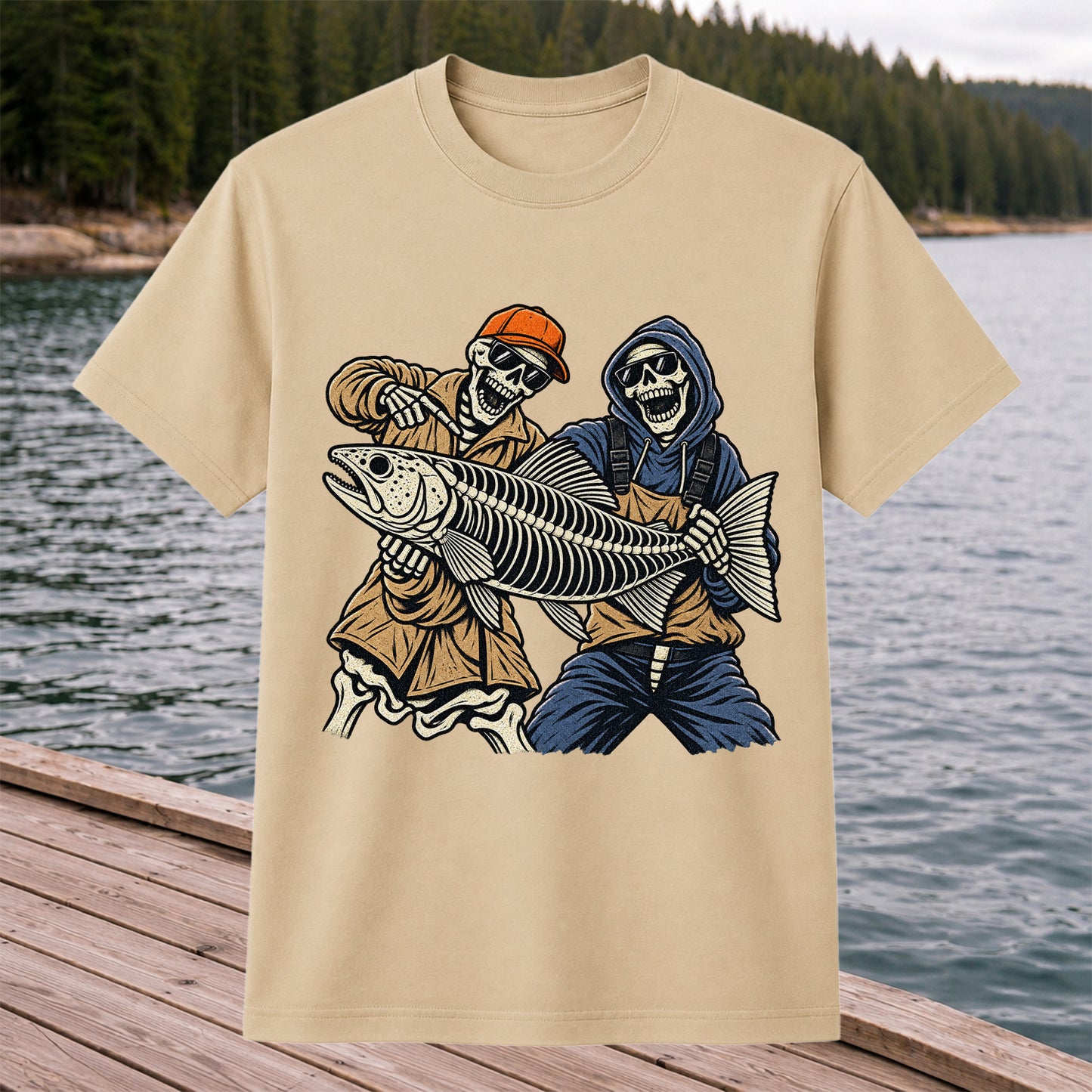 Skeleton Anglers Holding a Giant Fish Graphic T-Shirt