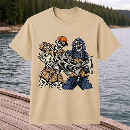 Skeleton Anglers Holding a Giant Fish Graphic T-Shirt