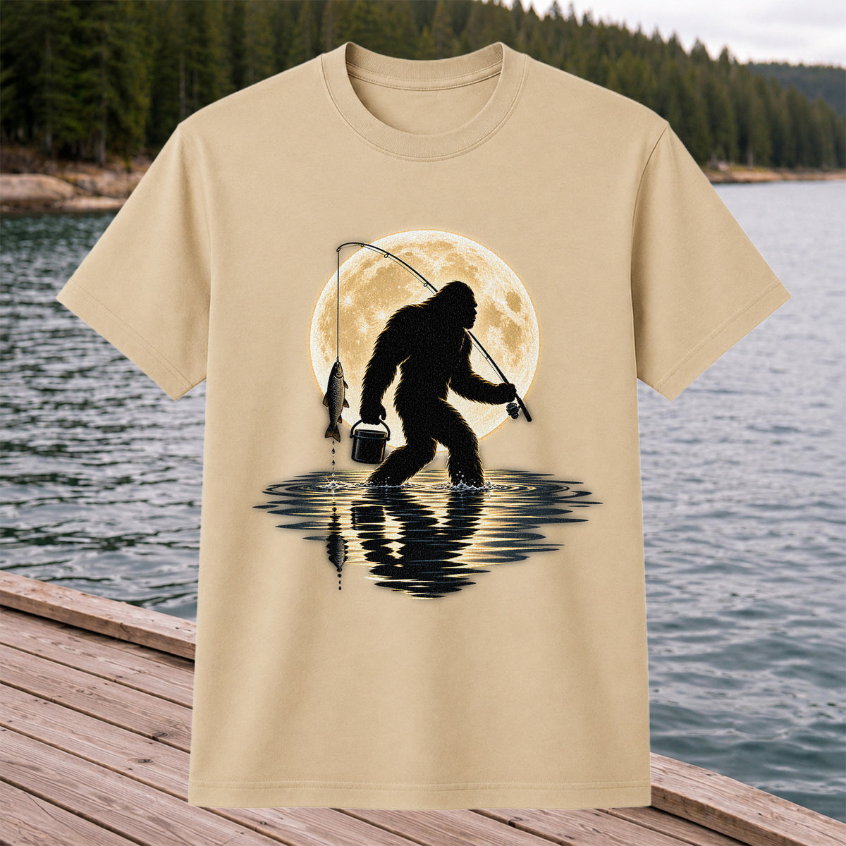 Bigfoot Fishing Under a Full Moon Graphic T-Shirt