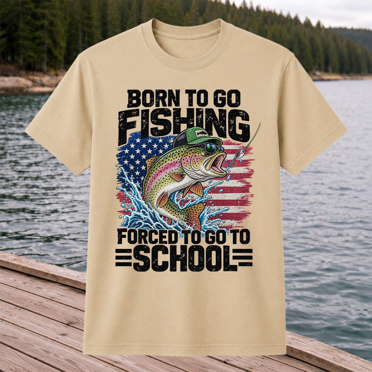 Born to Go Fishing Forced to Go to School American Flag Rainbow Trout T-Shirt