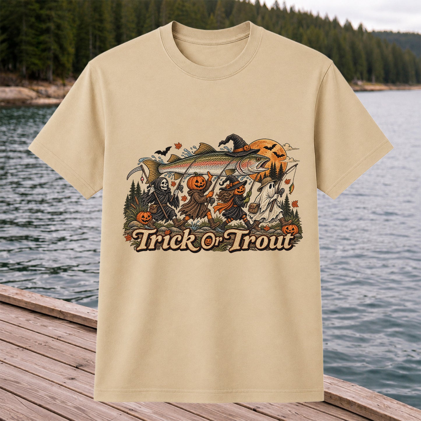 Trick or Trout Spooky Angler Parade Halloween Fishing T-Shirt