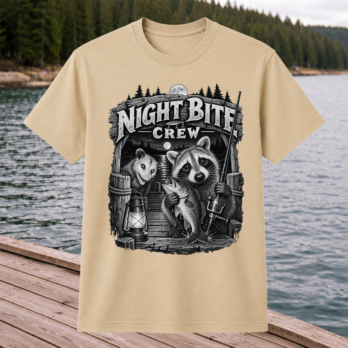 Night Bite Crew Raccoon and Bass Fishing Graphic T-Shirt