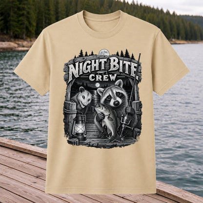 Night Bite Crew Raccoon and Bass Fishing Graphic T-Shirt