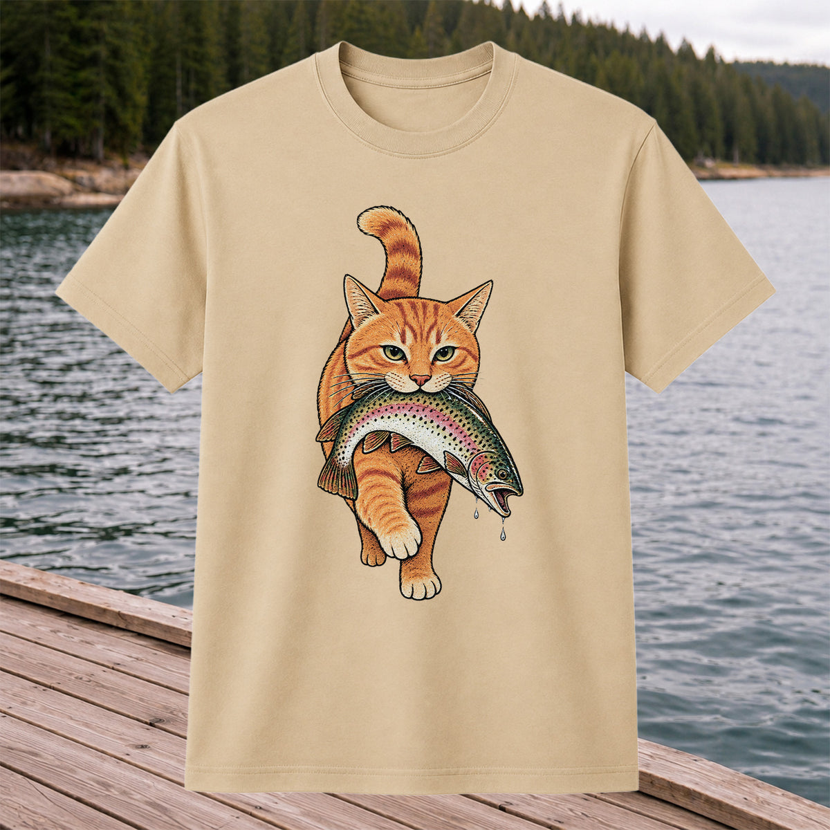 Cat Holding Trout Funny Fishing Graphic T-Shirt