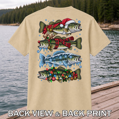Christmas Bass with Santa Hat and Holiday Lights Fishing T-Shirt | Back Print