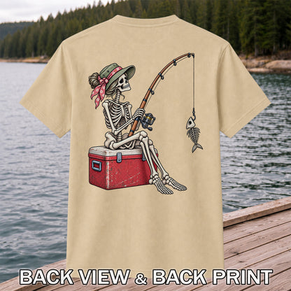 Skeleton Woman Fishing on a Cooler with Fish Bones Graphic T-Shirt | Back Print