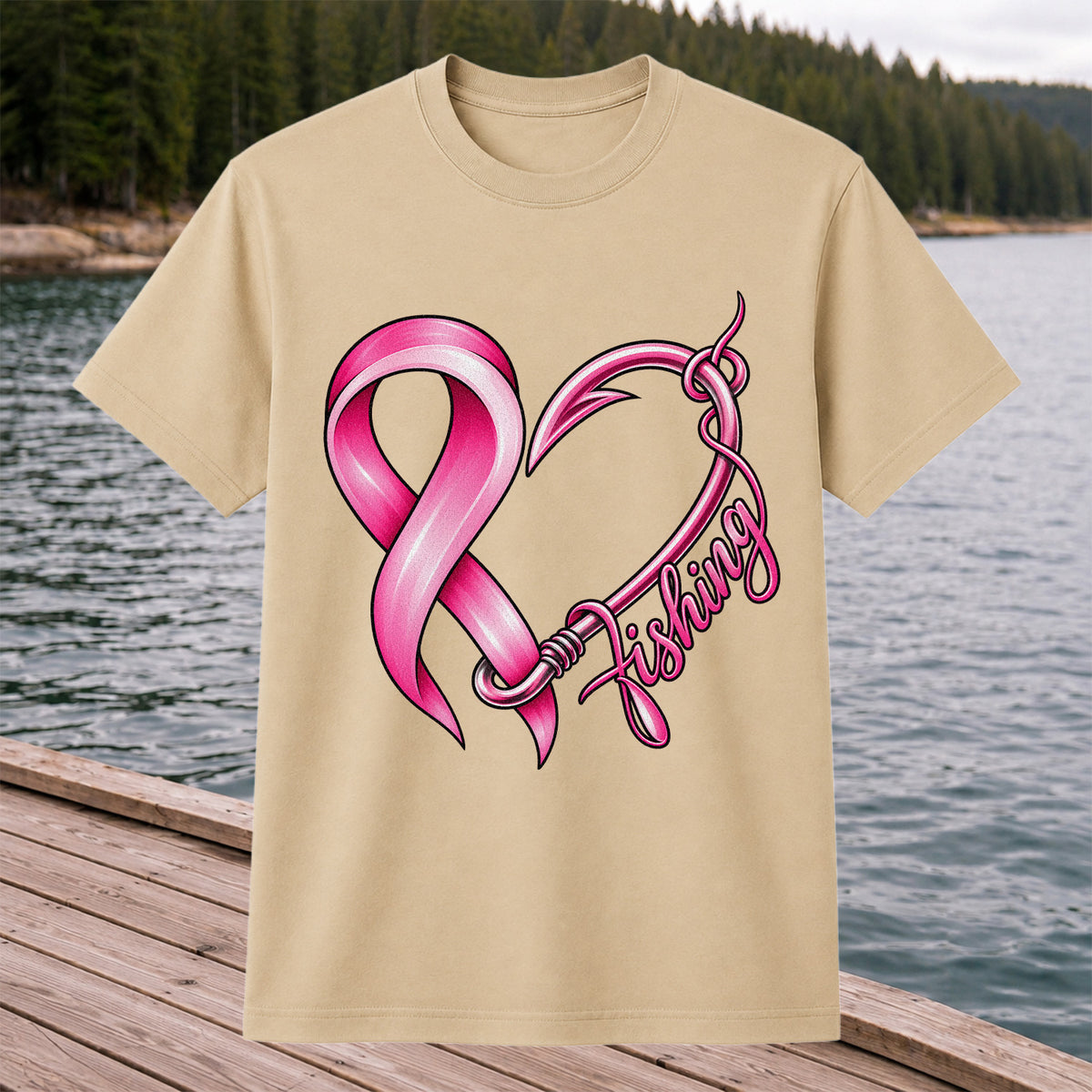 Pink Ribbon Heart Fish Hook Fishing Graphic T-Shirt