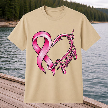 Pink Ribbon Heart Fish Hook Fishing Graphic T-Shirt
