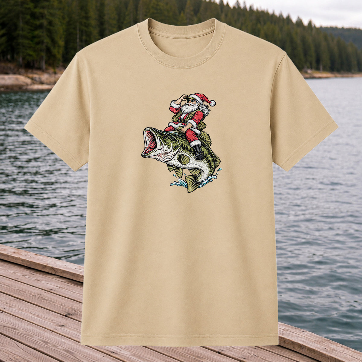 Santa Riding Largemouth Bass Christmas Fishing Graphic T-Shirt