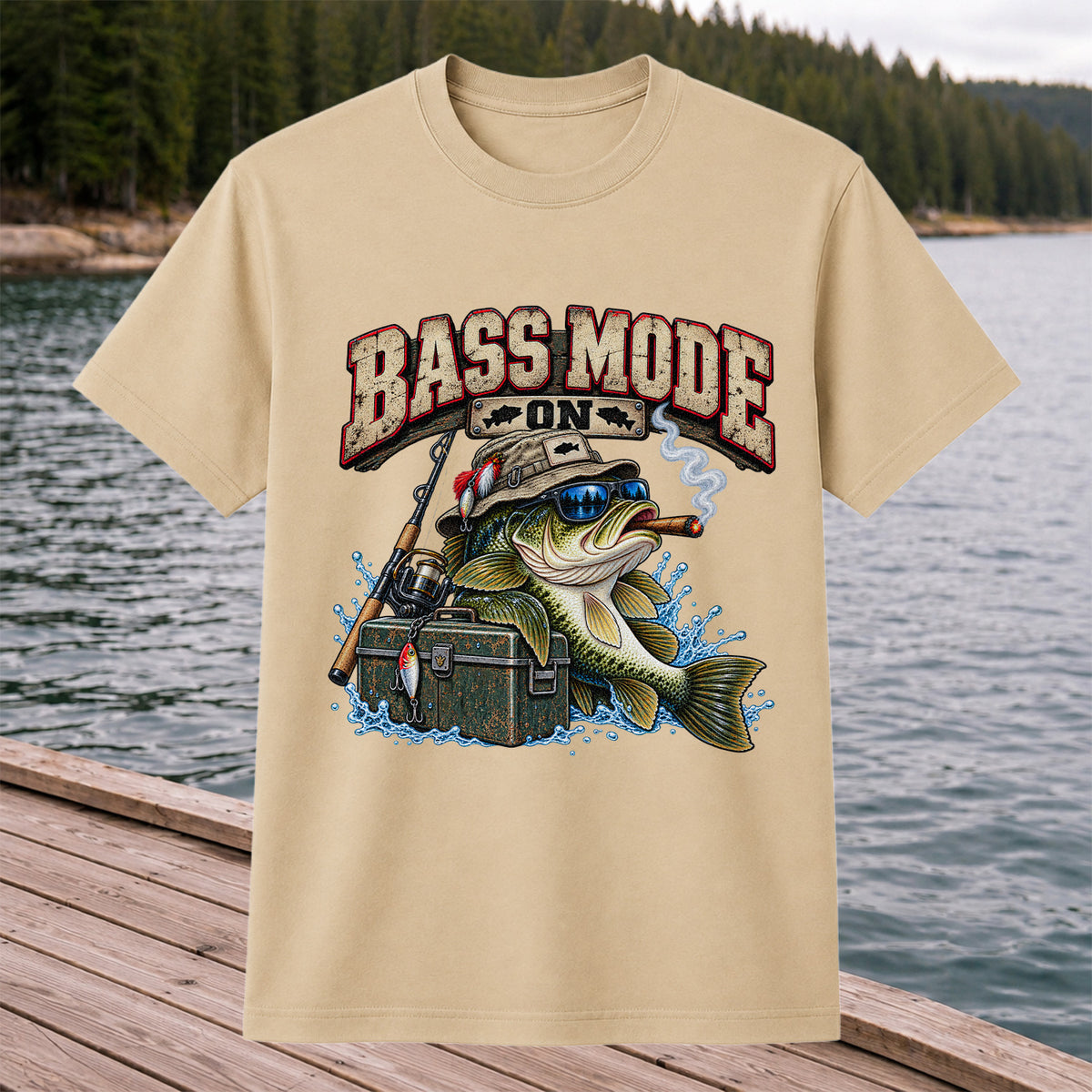 Bass Mode On Funny Bass with Cigar Fishing Graphic T-Shirt