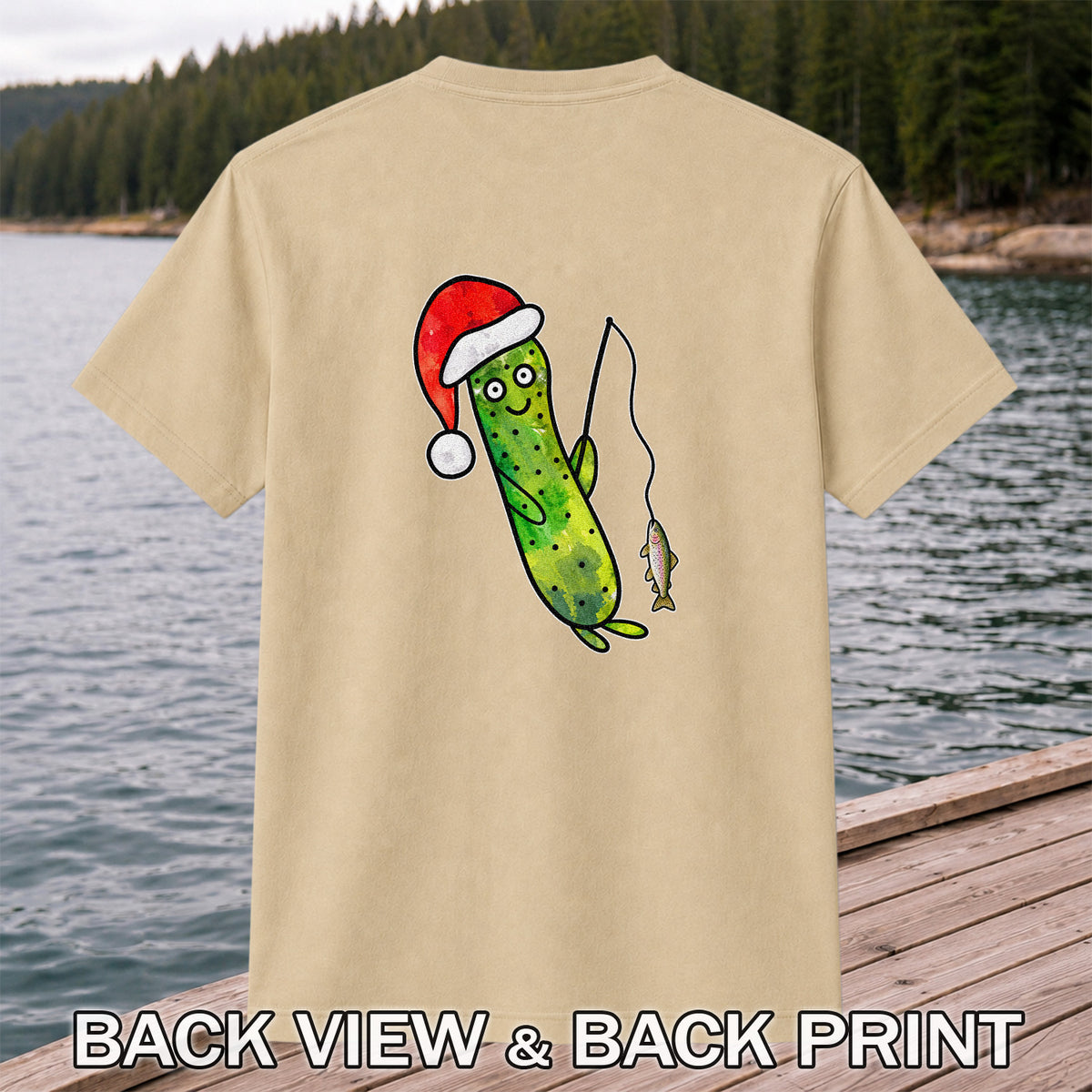 Santa Hat Cucumber Fishing for Trout Graphic T-Shirt | Back Print