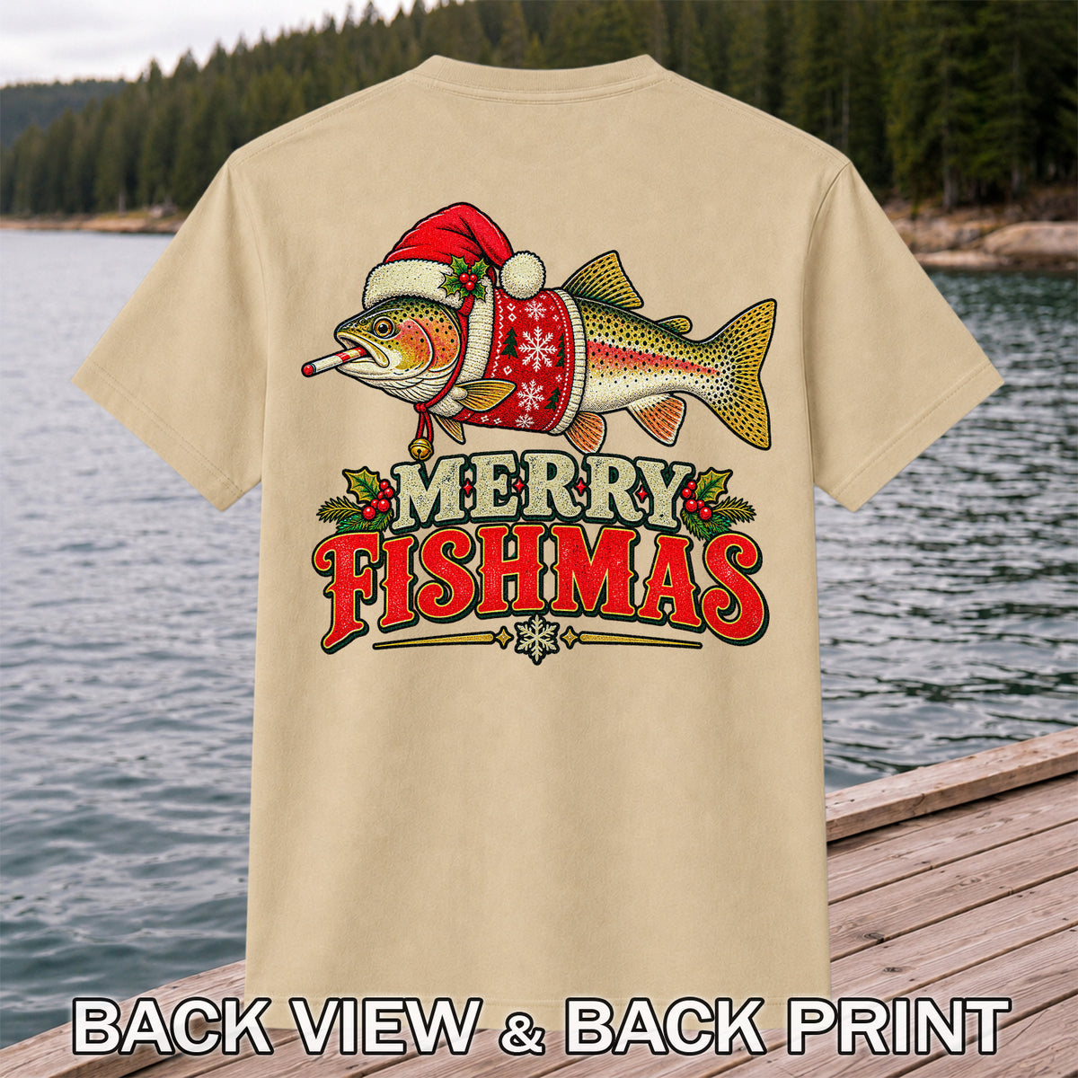 Christmas Trout Santa Fishing Graphic T-Shirt | Back Print