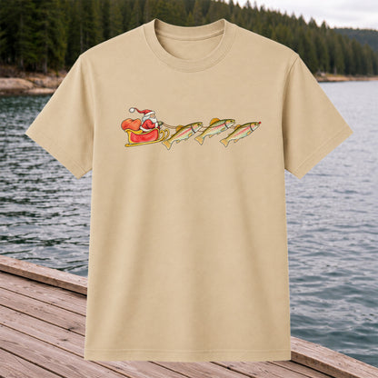 Santa Sleigh Pulling Rainbow Trout Fishing Graphic T-Shirt