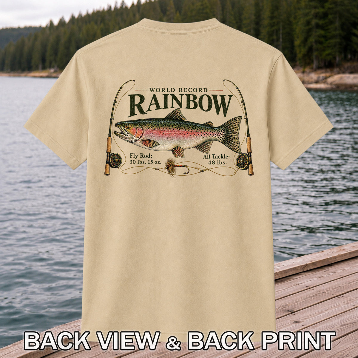 World Record Rainbow Trout Fly Fishing Graphic T-Shirt | Back Print