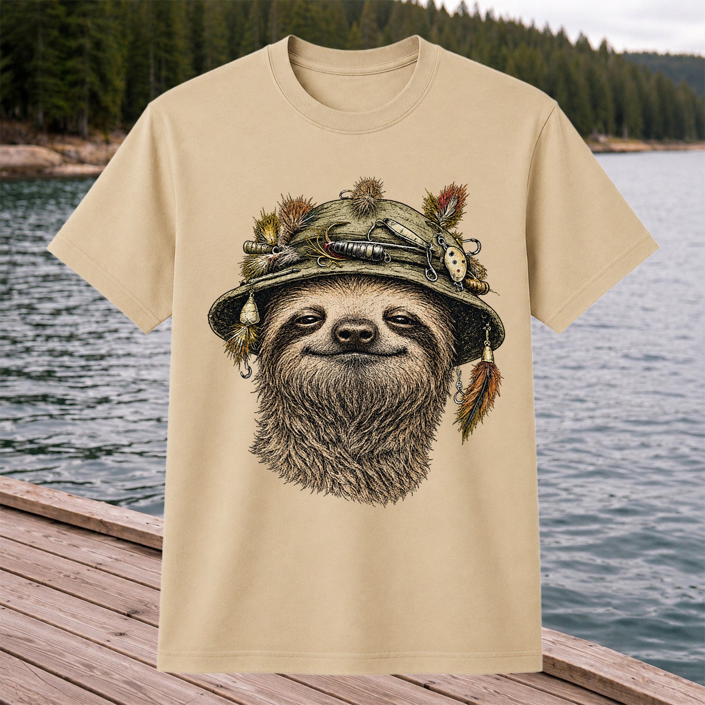 Sloth Wearing a Fishing Lure Hat Hand-Drawn Graphic T-Shirt