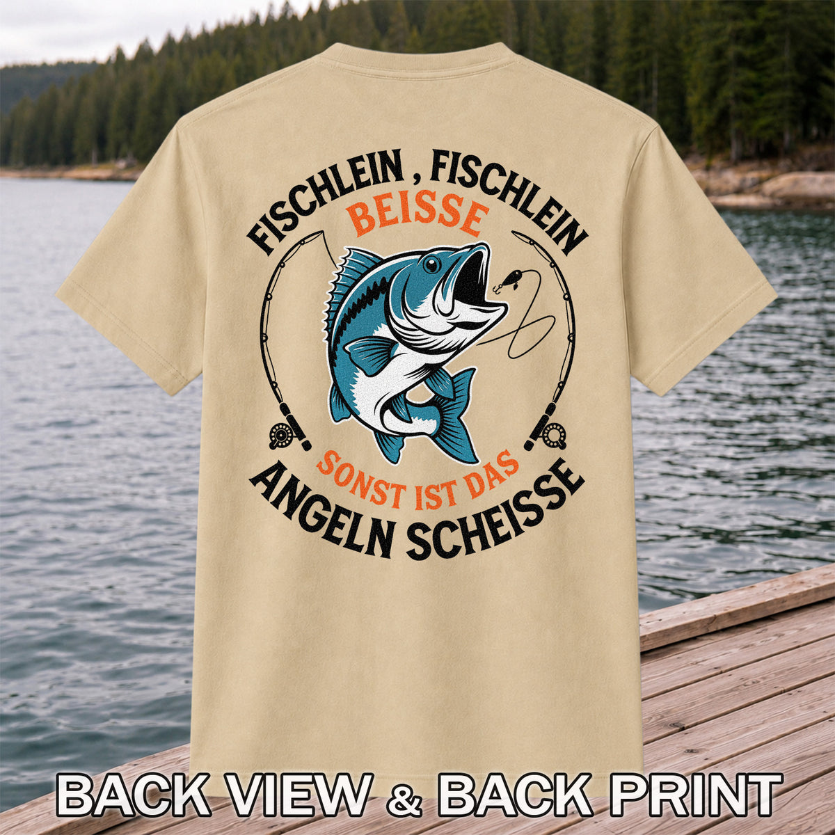 Fischlein Fischlein Beisse Funny Fishing Graphic T-Shirt | Back Print