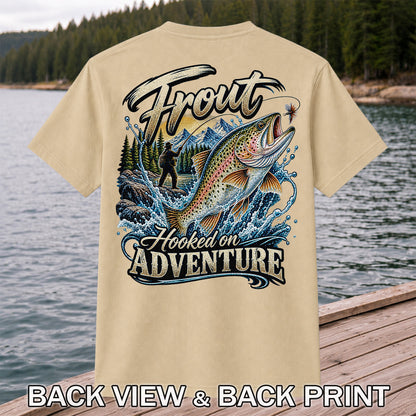 Trout Hooked on Adventure Mountain Fly Fishing T-Shirt | Back Print
