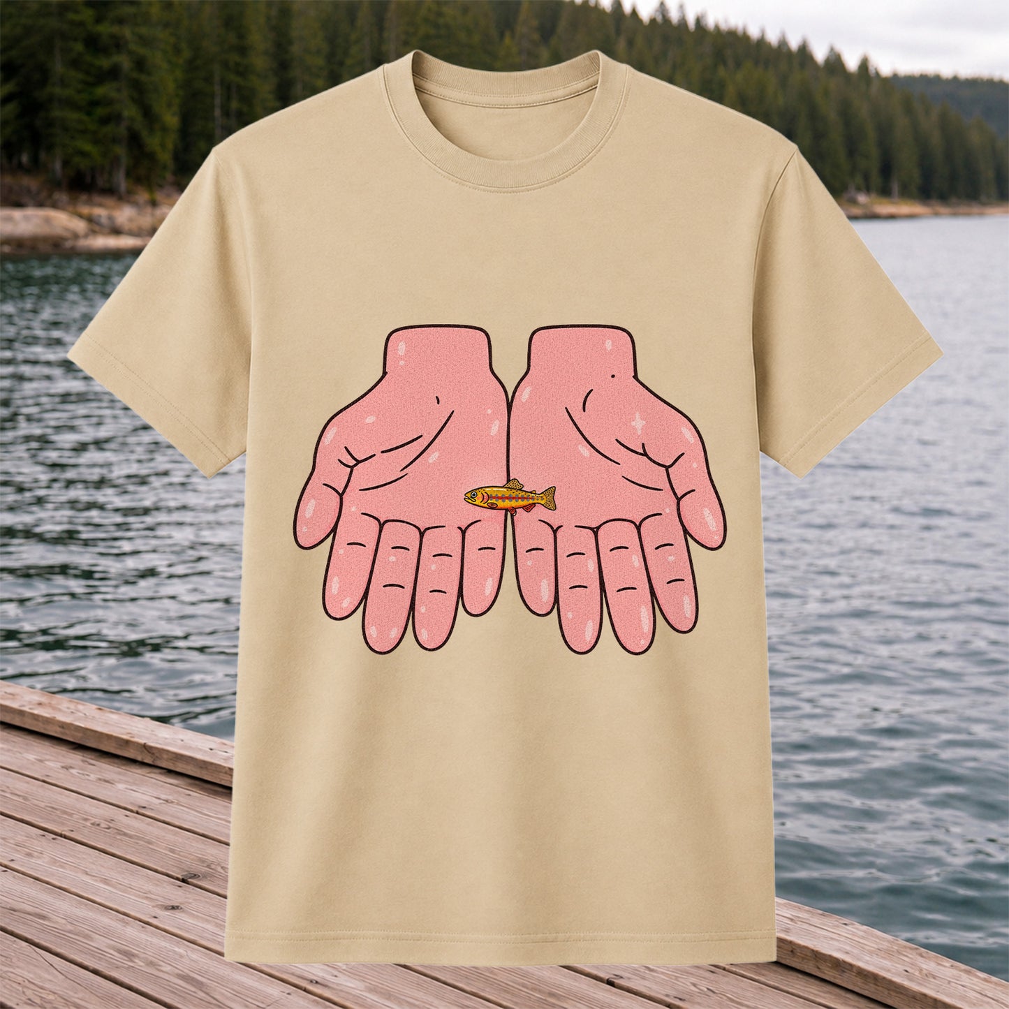 Tiny Rainbow Trout in Two Hands Cute Fishing Graphic T-Shirt