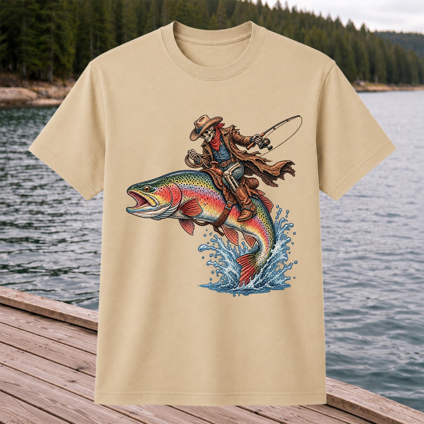 Skeleton Cowboy Riding a Rainbow Trout Fishing Graphic T-Shirt