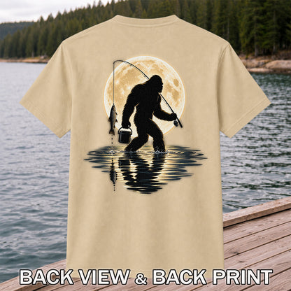 Bigfoot Fishing Under a Full Moon Graphic T-Shirt | Back Print