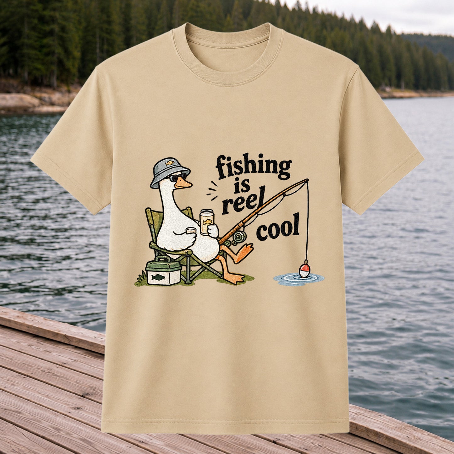 Fishing Is Reel Cool Funny Fishing Goose Graphic T-Shirt