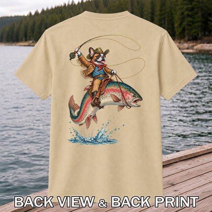 Cowboy French Bulldog Riding a Rainbow Trout Fishing T-Shirt | Back Print