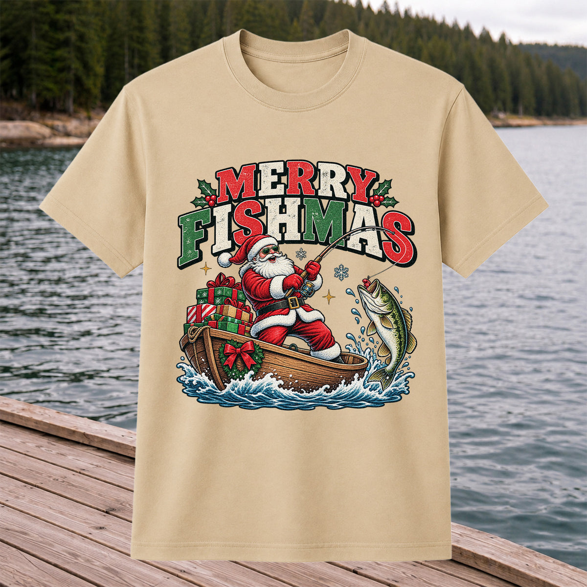 Merry Fishmas Santa Fishing for Bass Christmas Graphic T-Shirt
