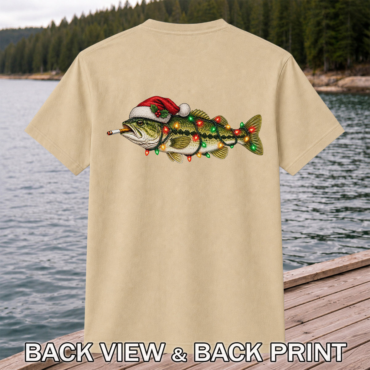 Christmas Bass Fishing Lights and Santa Hat Graphic T-Shirt | Back Print