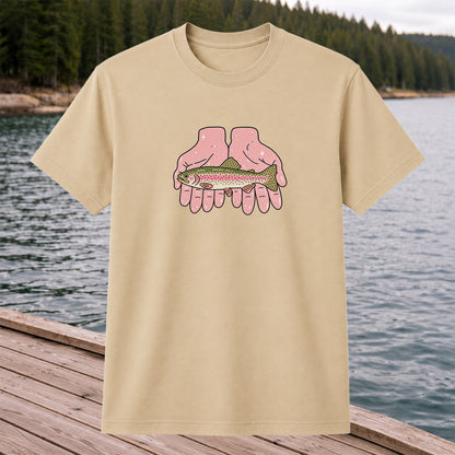 Rainbow Trout Held in Pink Hands Fishing Graphic T-Shirt