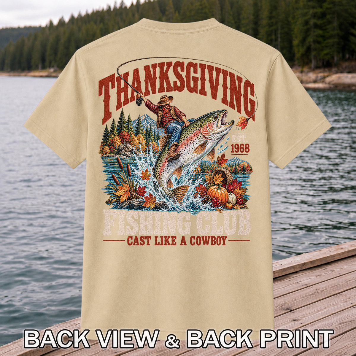Thanksgiving Cowboy Trout Fishing Club Graphic T-Shirt | Back Print