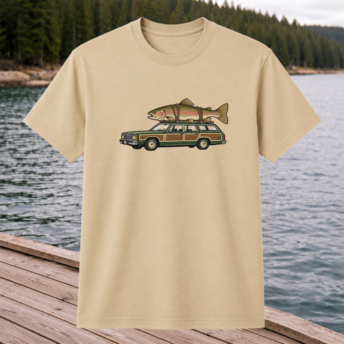 Vintage Station Wagon Carrying Rainbow Trout Fishing T-Shirt