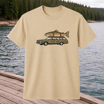 Vintage Station Wagon Carrying Rainbow Trout Fishing T-Shirt