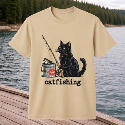 Catfishing Funny Black Cat with Fishing Rod Graphic T-Shirt