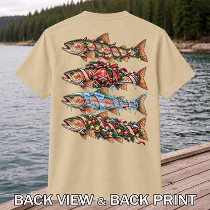 Christmas Rainbow Trout with Holiday Lights Fishing Graphic T-Shirt | Back Print