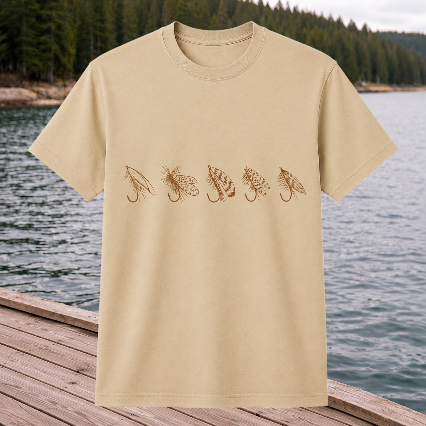 Five Fly Fishing Lures Minimalist Line Art T-Shirt