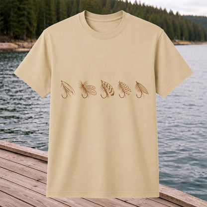 Five Fly Fishing Lures Minimalist Line Art T-Shirt
