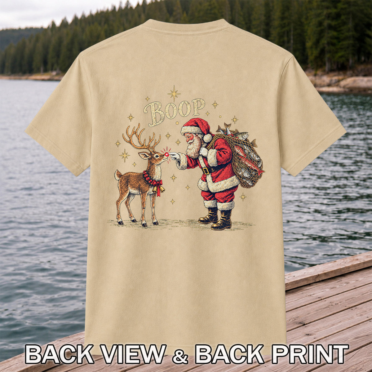 Santa and Reindeer Fishing Christmas Graphic T-Shirt | Back Print