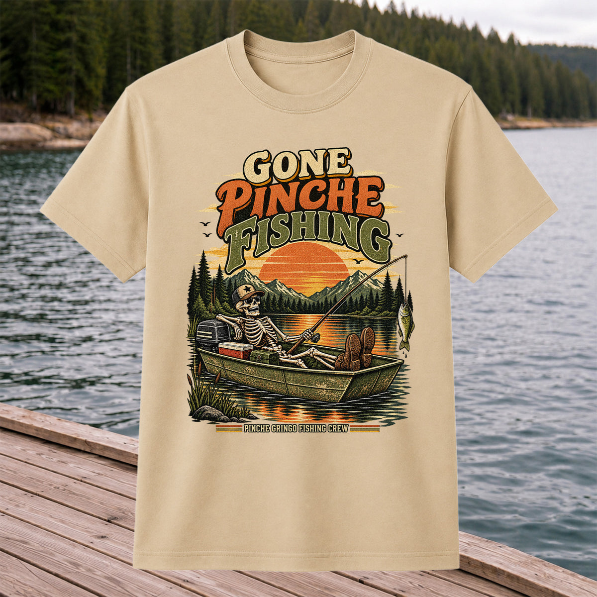 Gone Pinche Fishing Skeleton in a Boat Retro Graphic T-Shirt