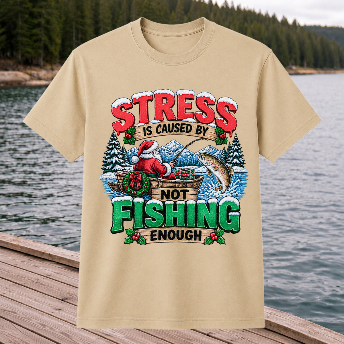 Stress Is Caused by Not Fishing Enough Santa Christmas Trout T-Shirt
