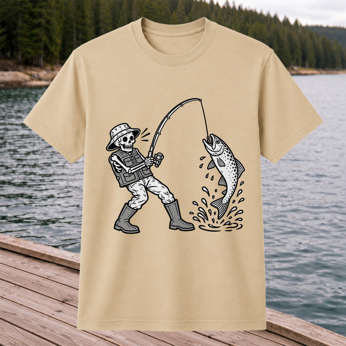 Skeleton Angler Catching a Trout Fishing Graphic T-Shirt